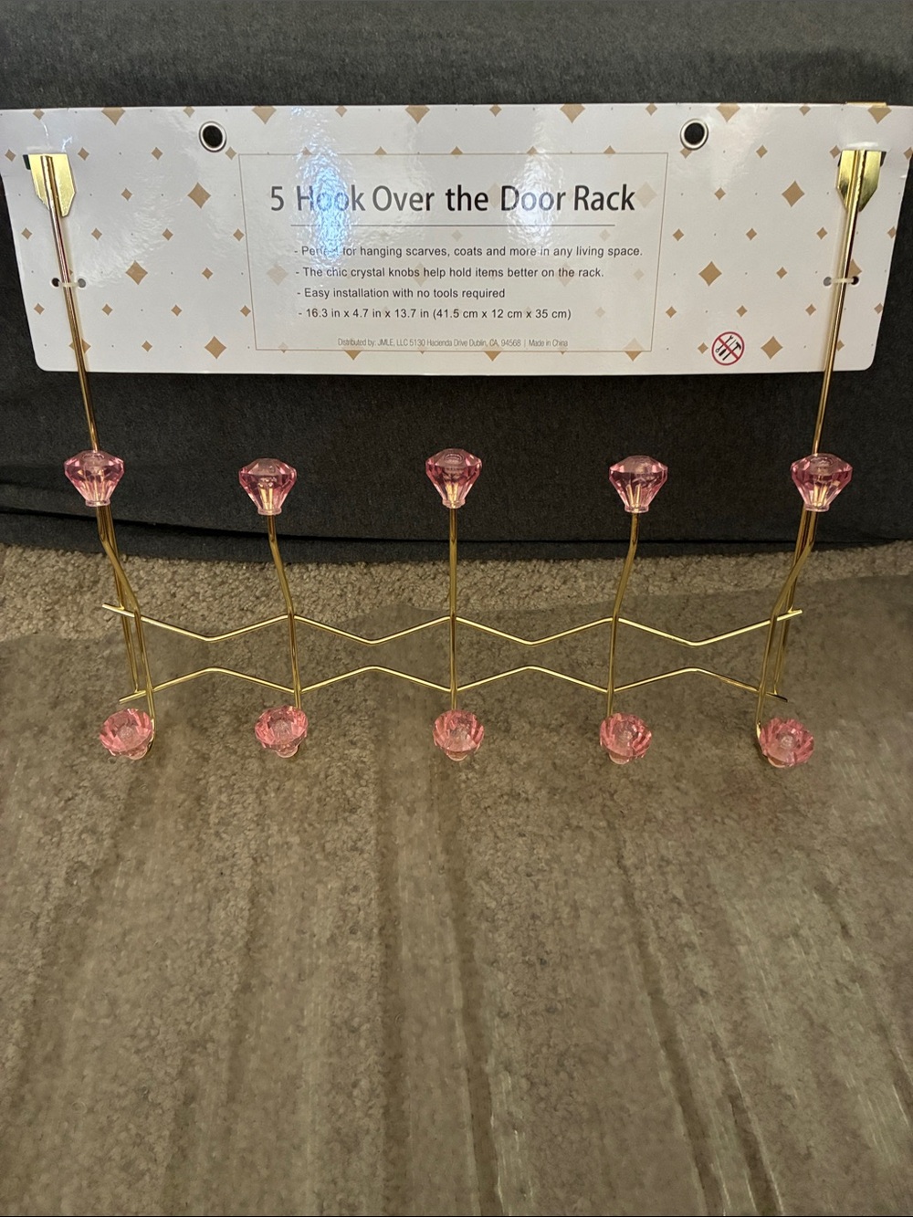 5-Hook Over-the-Door Rack with Pink Crystal Knobs